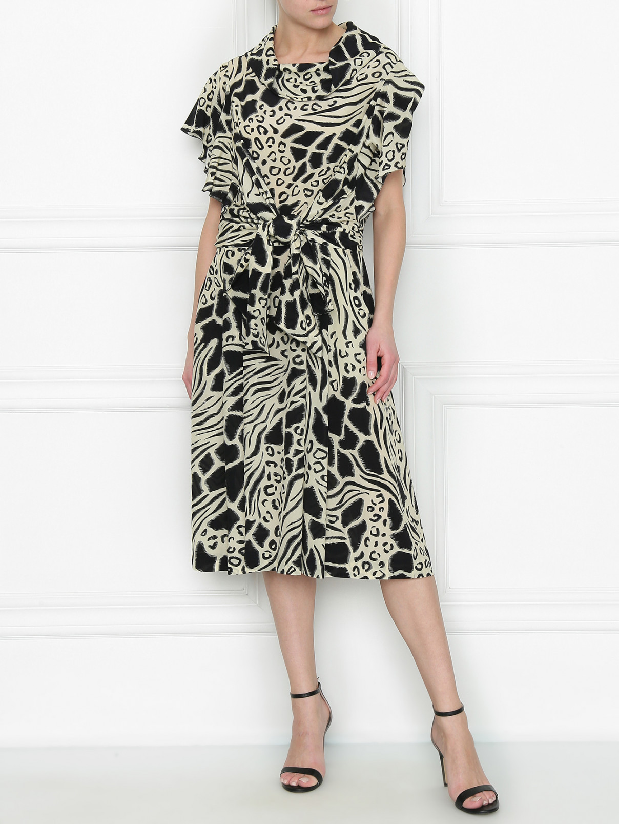 Платье из шелка с принтом и драпировкой Alberta Ferretti  –  МодельОбщийВид  – Цвет:  Черный