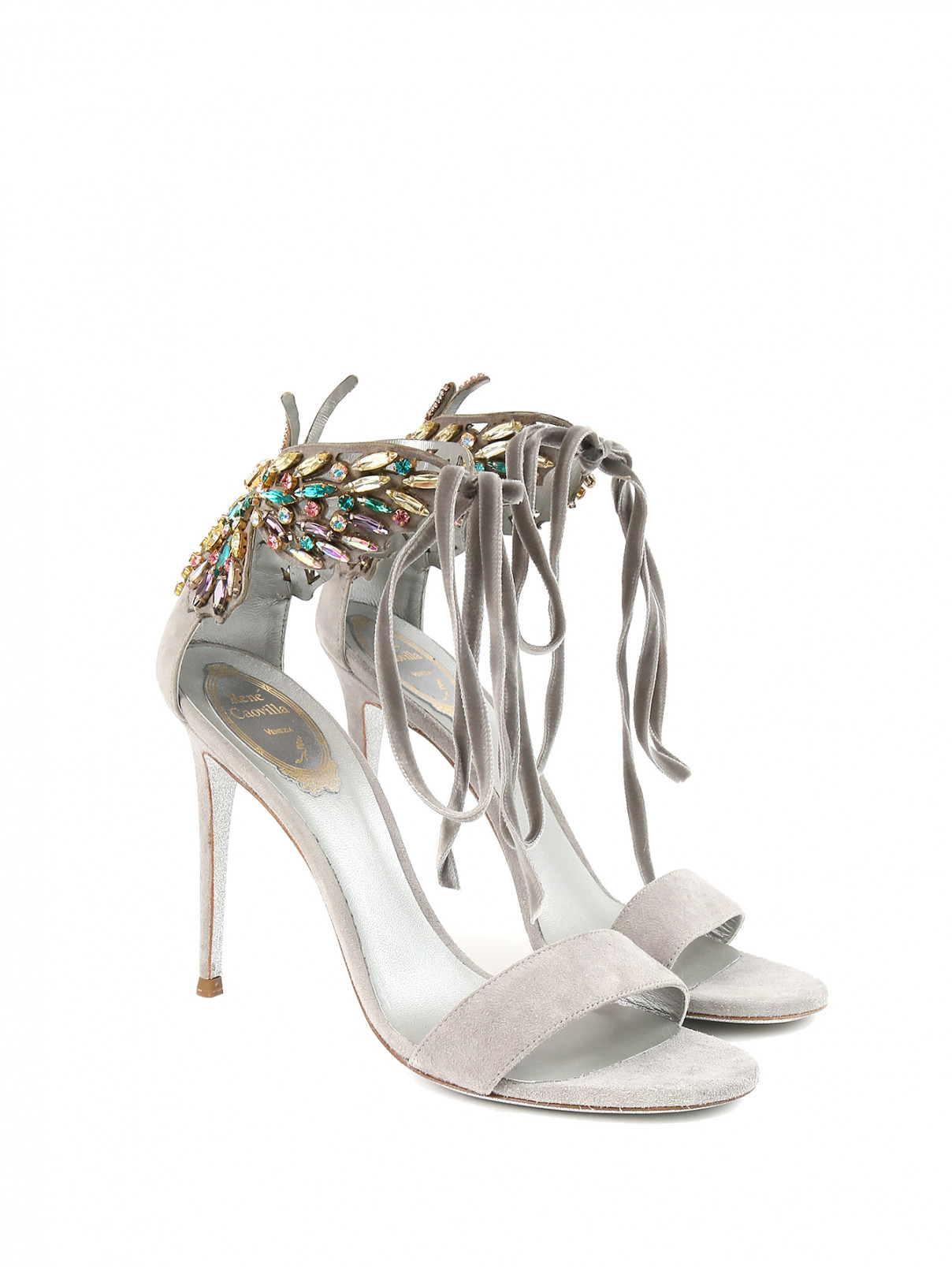 Босоножки из замши с декором на высоком каблуке Rene Caovilla  –  Общий вид  – Цвет:  Серый
