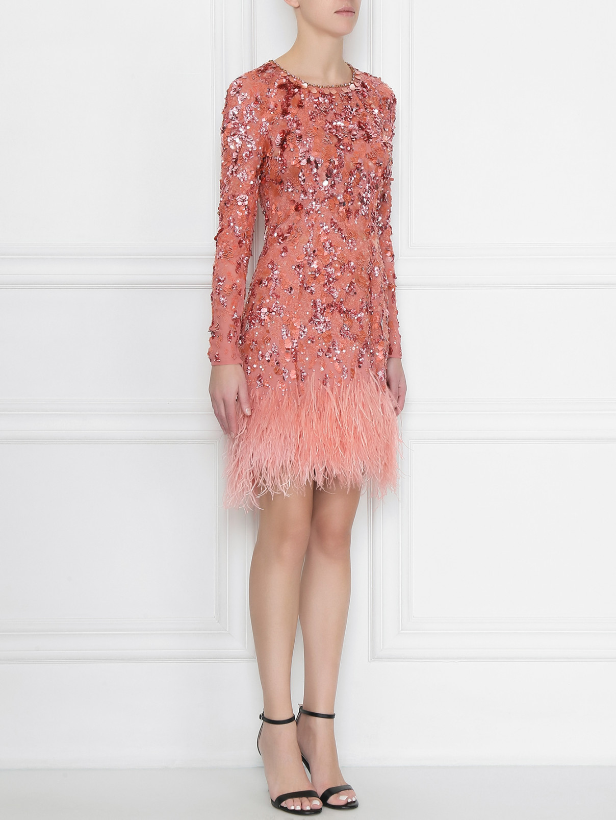 Платье из вискозы с пайетками и перьями Jenny Packham  –  МодельВерхНиз  – Цвет:  Розовый