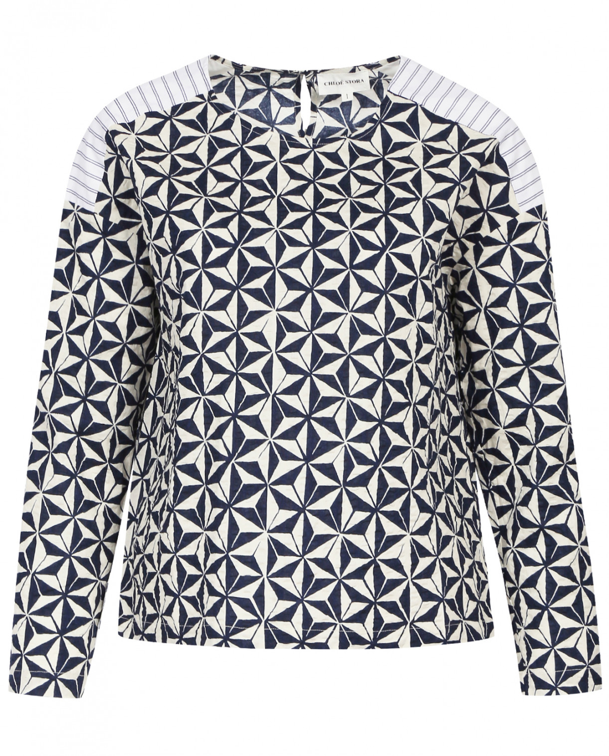 Блуза свободного фасона из хлопка с узором и контрастными вставками Chloé Stora  –  Общий вид  – Цвет:  Синий