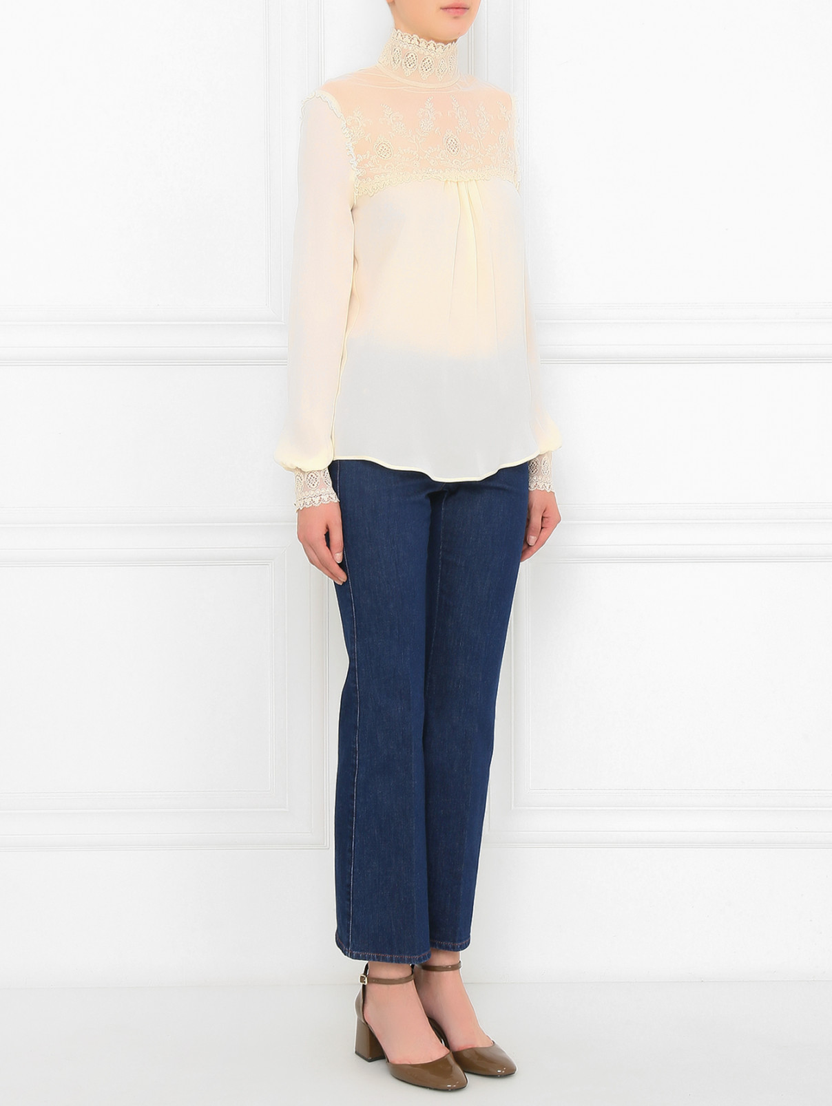 Блуза из шелка с кружевной вставкой Veronique Branquinho  –  Модель Общий вид  – Цвет:  Белый