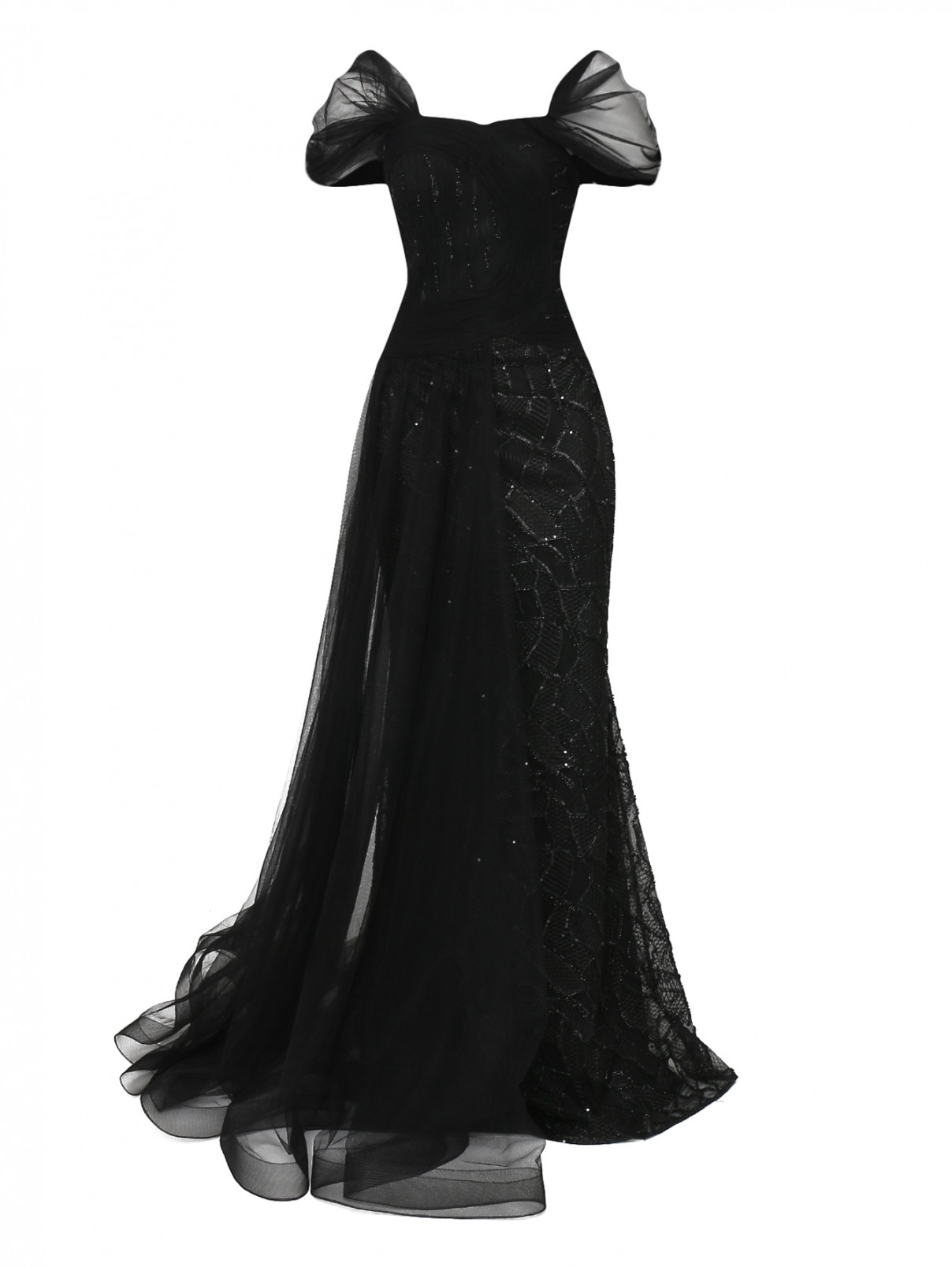 Платье макси с корсетом , пышной юбкой и вышивкой бисером по всему изделию Gaby Charbachi  –  Общий вид  – Цвет:  Черный